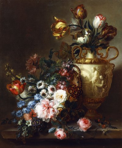 Tulpen in einer Vase und Rosen in einem Korb auf einem Stein Sims von Ange Louis Guillaume Lesourd Beauregard
