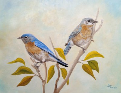 Zwei Blaue Vögel auf Ast von Angeles M. Pomata