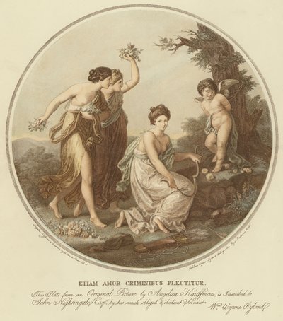 Zwei Nymphen verspotten Amor, der an einen Baum gebunden ist von Angelica (after) Kauffmann