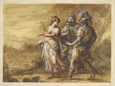 Mythologische Szene. Junge Frau mit Bogen wendet sich zu zwei bewaffneten Männern von Angelica Kauffmann
