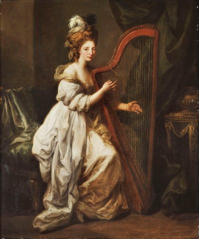 Porträt von Elizabeth Ewer, ganzfigur, sitzend in einem weißen Kleid mit einem gelben Schal, spielt eine Harfe, in einem Innenraum, ca. 1768-73 von Angelica Kauffmann