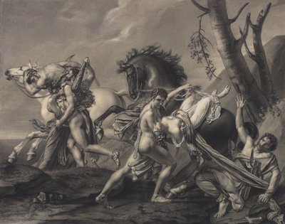 Theseus und Pirithoos befreien die Erde von Räubern, befreien zwei Frauen aus den Händen ihrer Entführer von Angelique Mongez