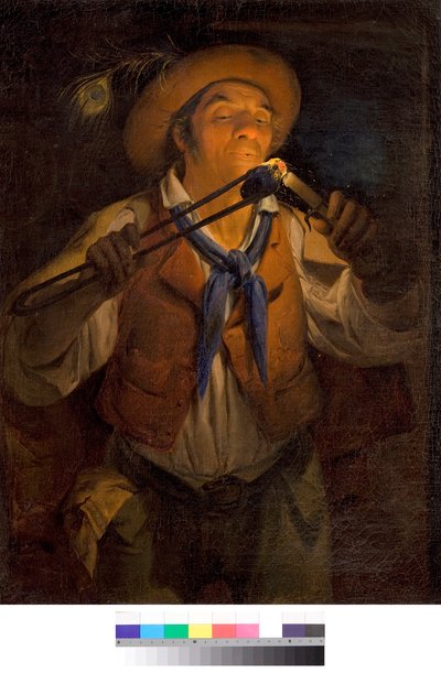 Ein Bauer zündet eine Kerze mit einer brennenden Kohle an von Angelo Inganni