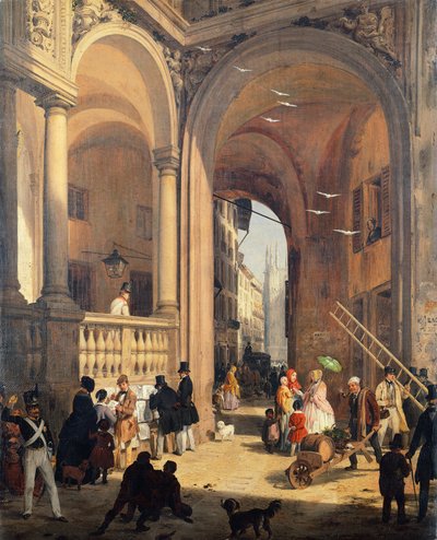 Piazza dei Mercanti oder Der Übergang vom Alten Fischhändlermarkt von Angelo Inganni