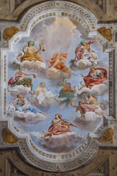 Decke der Halle mit den Bologna-Quartieren, Halle der Wachen, Este Herzogspalast, Sassuolo, Italien von Angelo Michele Colonna