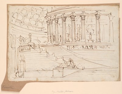 Bühnenbild, Innenraum eines runden Gebäudes von Angelo Toselli