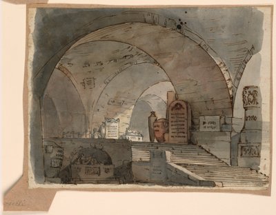 Bühnenbild, unterirdischer gewölbter Raum mit Gräbern von Angelo Toselli