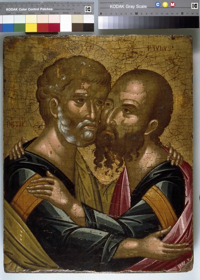 Ikone der Umarmung der Apostel Petrus und Paulus von Angelos Akotantos