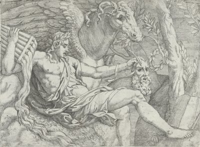 Apollo mit Pfeifen in der rechten Hand, begleitet von Pegasus von Angiolo Falconetto