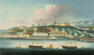 Ansicht von Whampoa Reach, mit einer englischen Bark, einem amerikanischen Schiff und Segelbooten von Anglo Chinese School