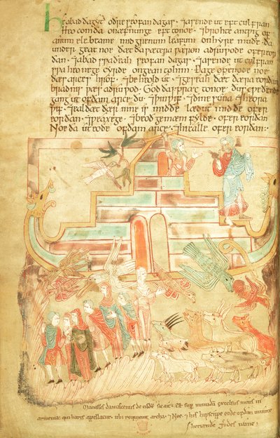Noah und seine Familie verlassen die Arche, aus dem Aelfric Pentateuch, aus St. Augustinus, Canterbury von Anglo Saxon