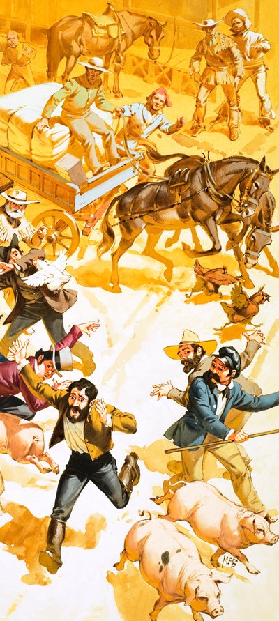 Ein Mann rennt durch die Straßen von San Francisco und verkündet die Entdeckung von Gold von Angus McBride