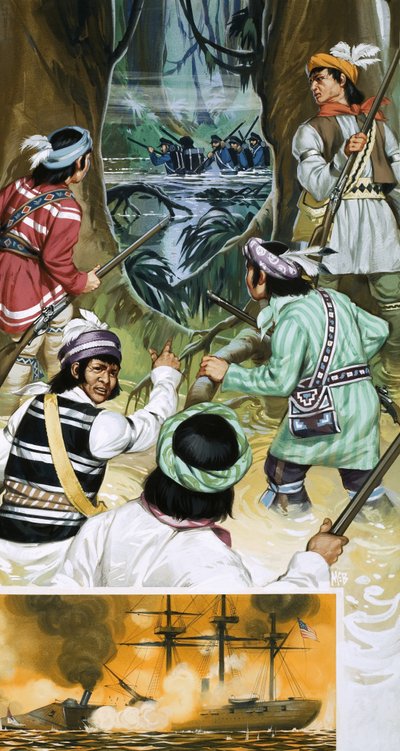 Seminolen-Indianer kämpfen gegen amerikanische Soldaten in den Sümpfen von Angus McBride