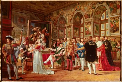 Das Jahrhundert von Franz I.: Franz I., König von Frankreich, erhielt das Gemälde der Heiligen Familie in Fontainebleau, das von Raphael aus Rom geschickt wurde. von Anicet Charles Gabriel Lemonnier