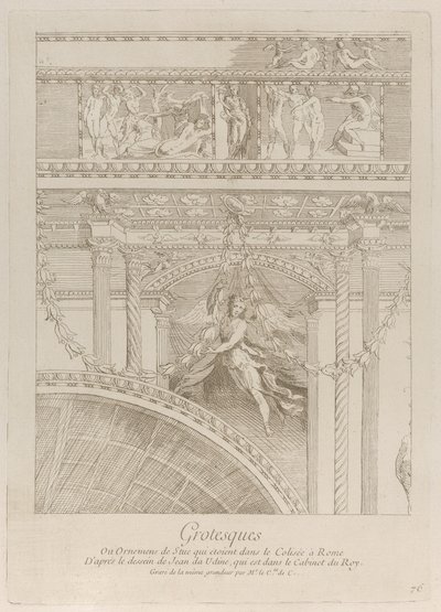 Grotesken: Detail der Stuckreliefs, die das Kolosseum in Rom schmücken, mit einem Flügel..., ca. 1729 von Anne Claude Philippe de Caylus