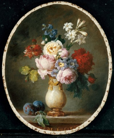 Eine Vase mit Blumen und zwei Pflaumen auf einem Marmortisch, 1781 von Anne Vallayer Coster