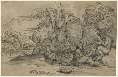 Landschaft mit einem Flötenspielenden Satyr, Frau und Putto von Annibale Carracci (attributed to)