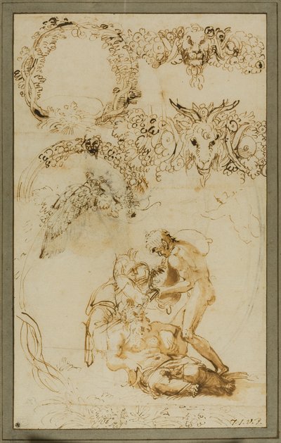Betrunkener Silenus und dekorative Skizzen: Studien für die Tazza Farnese (recto); Zwei kämpfende Putti: Studie für die Galleria Farnese (verso) von Annibale Carracci