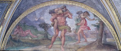 Lunette, die Aeneas zeigt, wie er aus dem brennenden Troja flieht und seinen Vater Anchises trägt, gefolgt von Ascanius, der seine Mutter trägt, aus dem Camerino, 1596 von Annibale Carracci
