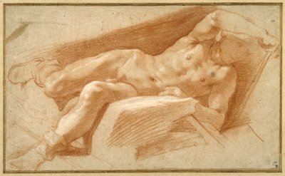 Liegender Jugendlicher nackt, außer seine Strümpfe bis zu den Knöcheln heruntergezogen von Annibale Carracci