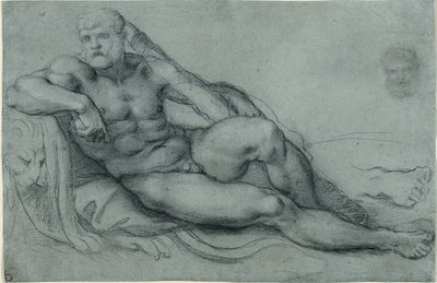 Studie von Herkules im Ruhen, mit separaten Studien seines Kopfes und Fußes (recto); Rechteckiges Gitterdesign (verso) von Annibale Carracci