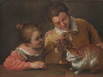Zwei Kinder, die eine Katze ärgern von Annibale Carracci