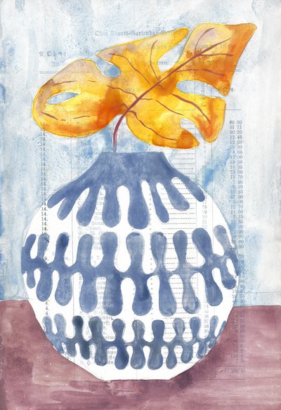 Blaue Vase mit goldenem Blatt von Annick