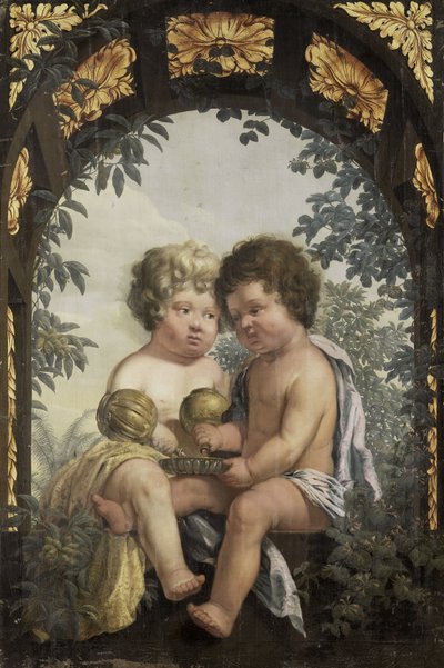 Christliche Allegorie mit zwei Kindern, die beide aus einer Karaffe in eine Schüssel gießen von Anonymous