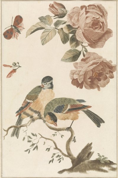 Eine Blaumeise und eine Kohlmeise auf einem Ast, zwei Rosen und ein Schmetterling von Anonymous
