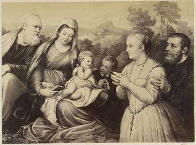 Fotoreproduktion einer (vermutlich) Druckgrafik der Heiligen Familie und Stifter von Anonymous