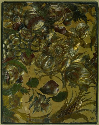 Fragment Goldleder mit Relief-Ornament mit Ranken, Blumen, Früchten und einem Putto von Anonymous