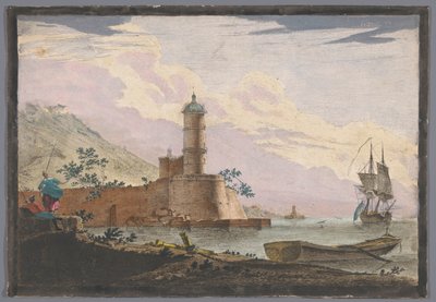 Ansicht eines Hafens mit einem Turm am Wasser von Anonymous