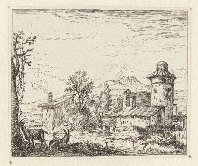 Italianisierende Landschaft mit rundem Turm und zwei Ziegen von Anonymous