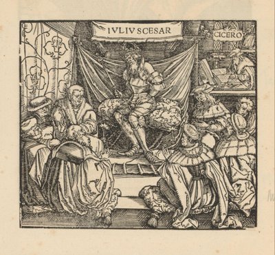 Julius Caesar in einer Ratsversammlung und Cicero schreibend im Hintergrund von Anonymous