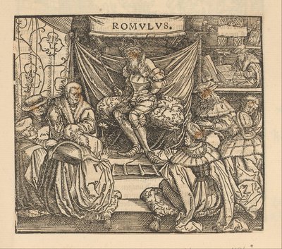 Julius Caesar in einer Ratsversammlung und Cicero schreibend im Hintergrund von Anonymous