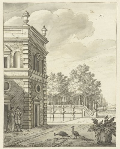 Landhaus mit Teich und zwei Pfauen von Anonymous