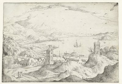 Landschaft mit breitem Fluss und Dorf von Anonymous