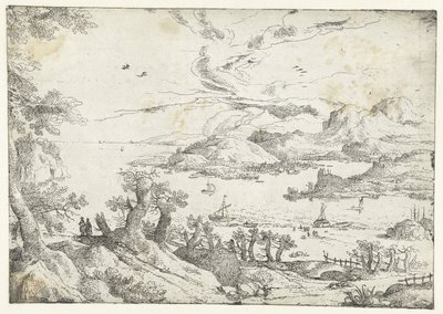 Landschaft mit breitem Fluss zwischen Hügeln von Anonymous