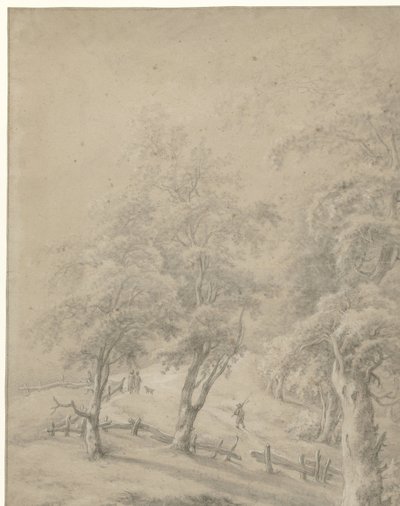 Landschaft mit einigen Figuren auf einem Weg hinter einem Zaun von Anonymous