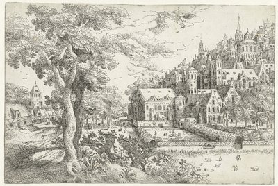 Landschaft mit Stadt an einem Hügel von Anonymous