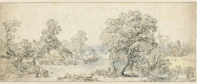 Landschaft mit Spaziergängern, einem Hirten und vielen anderen Figuren von Anonymous
