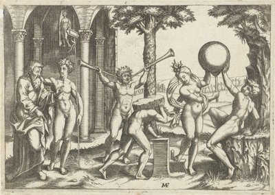 Mann mit zwei Trompeten und Mann mit Stein auf dem Rücken flankiert von Mann und Frau mit Globus und altem und jungem Mann von Anonymous