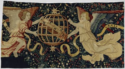 Millefleurs mit den Engeln des Glaubens und der Liebe, die eine Armillarsphäre halten von Anonymous