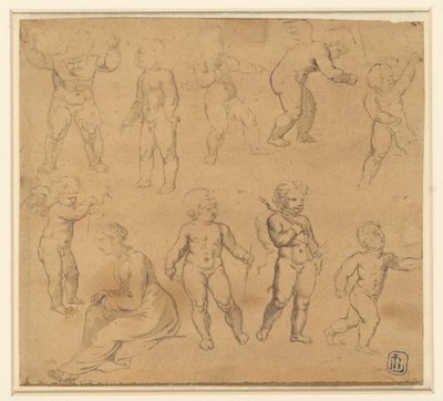 Neun Studien von Putti und eine nach links sitzende Frau von Anonymous