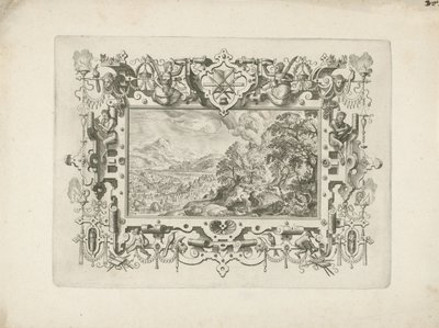 Ornamentrahmung mit Rollwerk und Figuren, darin Landschaft mit Venus und Adonis von Anonymous