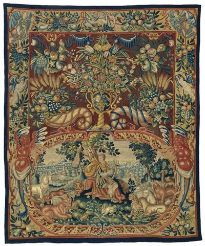 Orpheus mit den Tieren, in einer Kartusche und einem Dekor mit Blumenvase und Füllhörnern von Anonymous