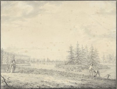Parklandschaft mit Spaziergängern und Anglern von Anonymous