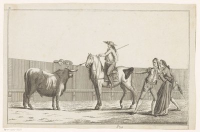 Picador richtet seine Lanze auf einen Stier Coleccion de las principales suertes de una corrida de toros (Serientitel auf dem Objekt) Sammlung der wichtigsten Manöver beim Stierkampf (Serientitel) von Anonymous