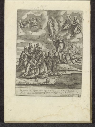 Pius V., Philipp II., Alvise I. Mocenigo, Sebastiano Vernier, Marcantonio Colonna und Don Juan von Österreich kniend vor dem Glauben von Anonymous