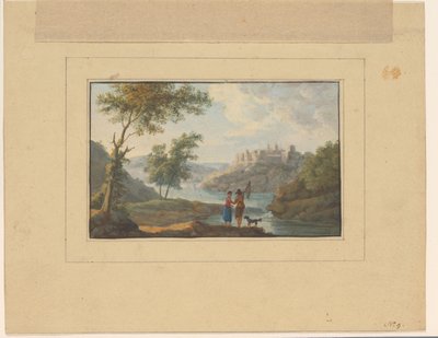 Flusslandschaft mit einem Mann, einer Frau und einem Hund im Vordergrund von Anonymous